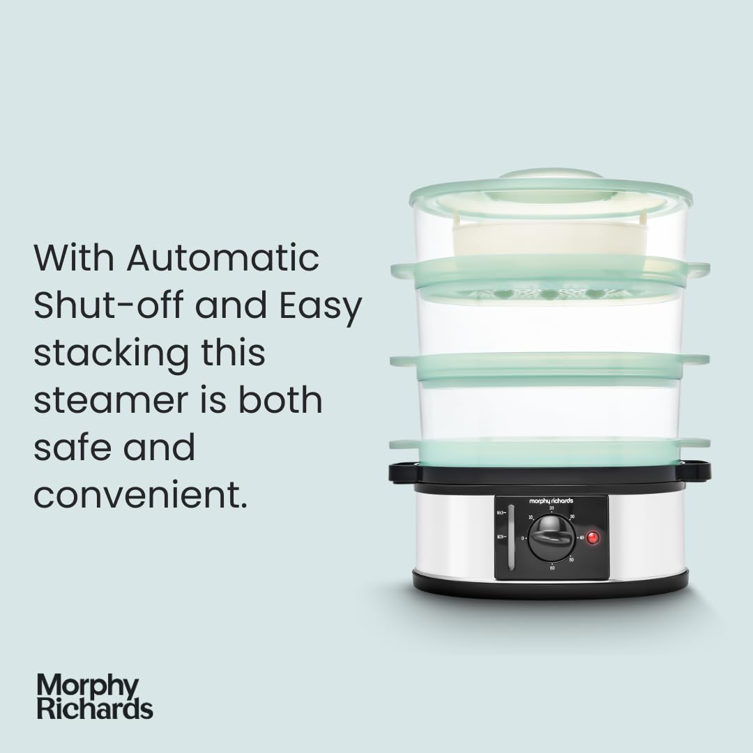 Morphy Richards 3 Tier Food Steamer, 9L, 60 Minute Timer with Bell, Instant Steam Production, Visible Water Gauge, Rice Tray, 750W, Stainless Steel,
