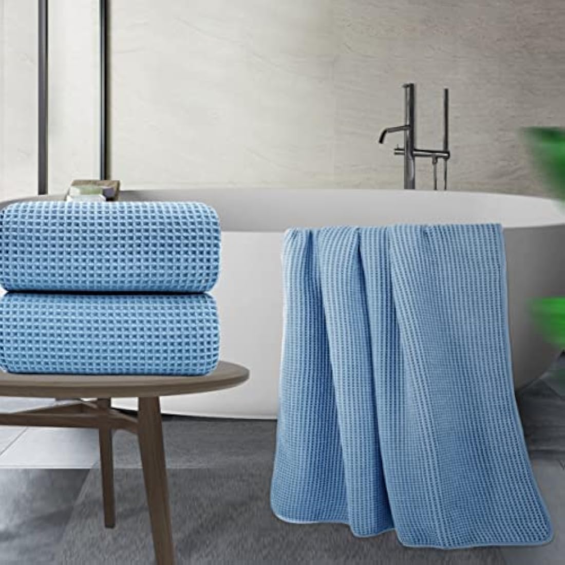 POLYTE Microfibre Quick Dry Lint Free Bath Sheet, 89 x 178 cm, Set of 2 (Blue, Waffle Weave)