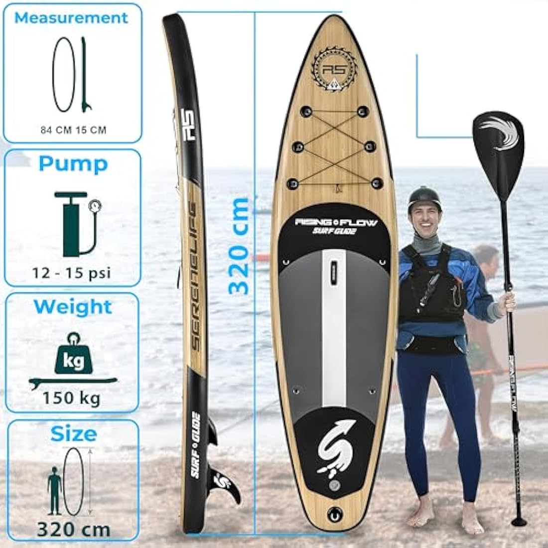 SereneLife Inflatable Stand Up Paddle Board, SUP Board- Paddleboards for Adults & Youth, Surfing Board Kit, 0.63cm Thick Standup Paddleboarding, Non-Slip Deck, Wide Stance, Surf Control w/Backpack