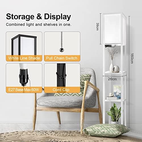 OUTON Floor Lamp Shelf with Remote Control, Dimmable & 4 Colour Temperature Adjustable, 1H Timer, LED Floor Lamp with 2 USB Ports, Floor Lamps with Lampshade for Living Room, Bedroom, Office(White)
