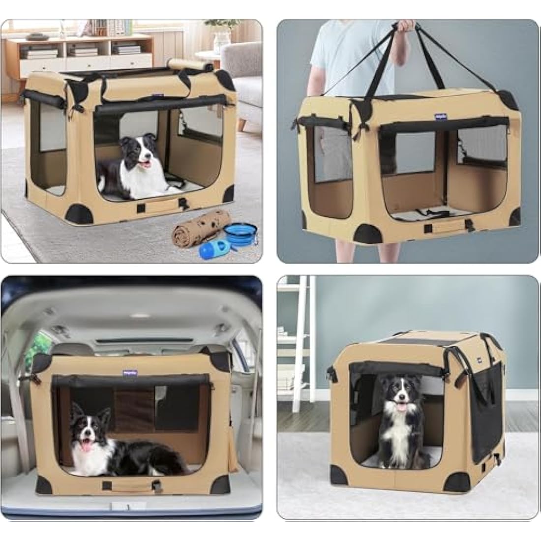 Petprsco Portable Dog Crate, Collapsible Dog Travel Crate 81x58x58 cm with Soft Blanket Foldable Bowl and a Poop Bag with Dispenser for Medium & Large Dogs