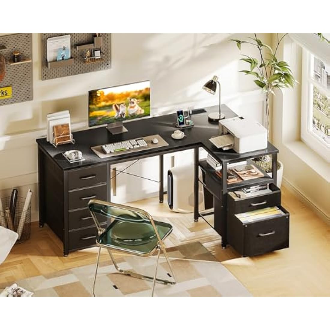 Coleshome Computer Corner Desk with Drawers, 140×70 cm L Shaped Office Desk with Power Outlet, Reversible Study PC Table with Storage for Bedroom, Black