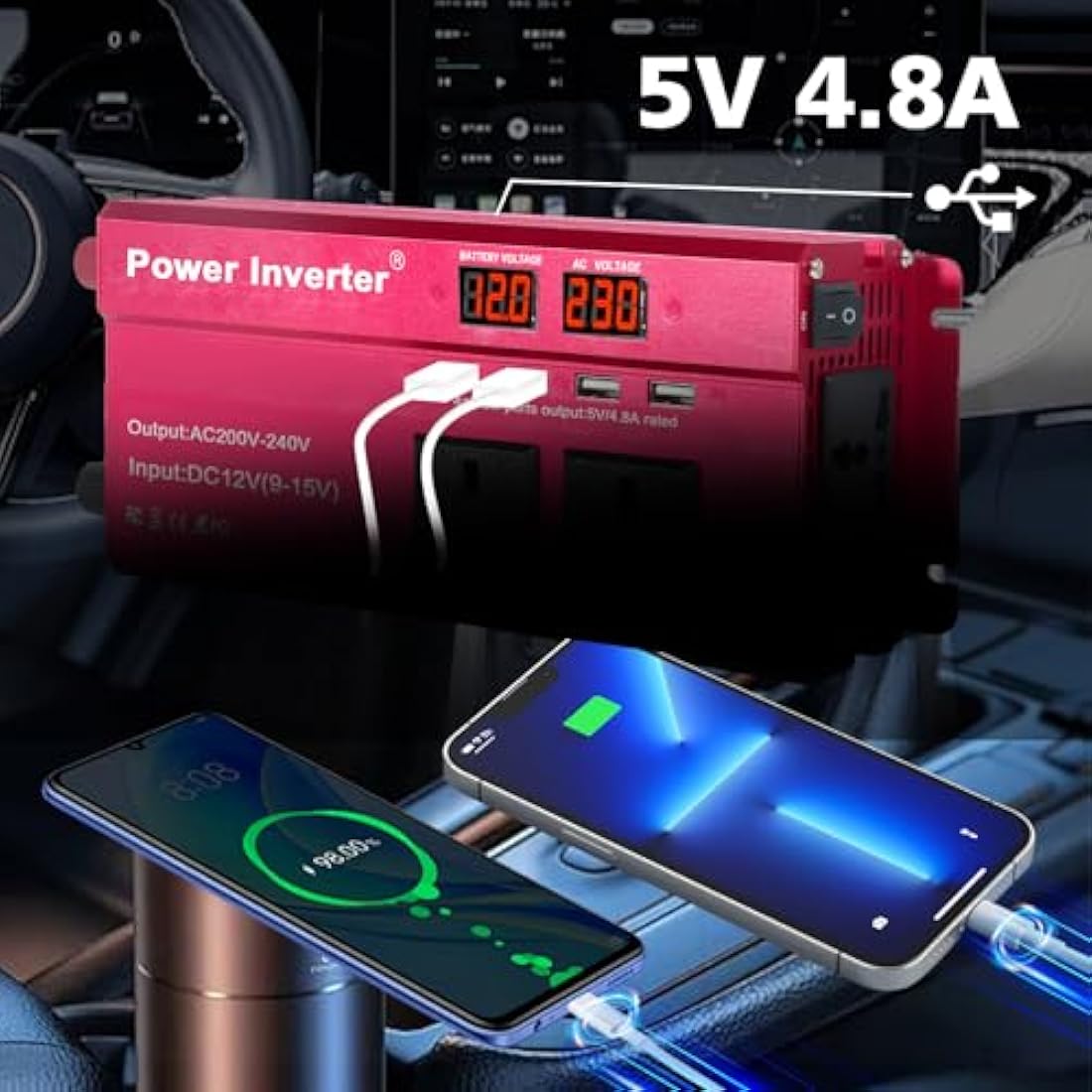 LVYUAN Power Inverter 850W/2000W DC 12V to 240V AC Car Converter with 4 USB 3 AC Sockets Car Adapter With LED Display for Travel Camping RV Truck