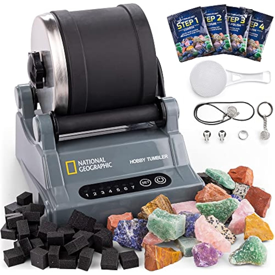 NATIONAL GEOGRAPHIC Hobby Rock Tumbler Kit - Rock Polisher for Kids & Adults, Durable Noise-Reduced Barrel, Rocks, Grit & New GemFoam for a Shiny Finish, Cool Toys, Great STEM Hobby Kit