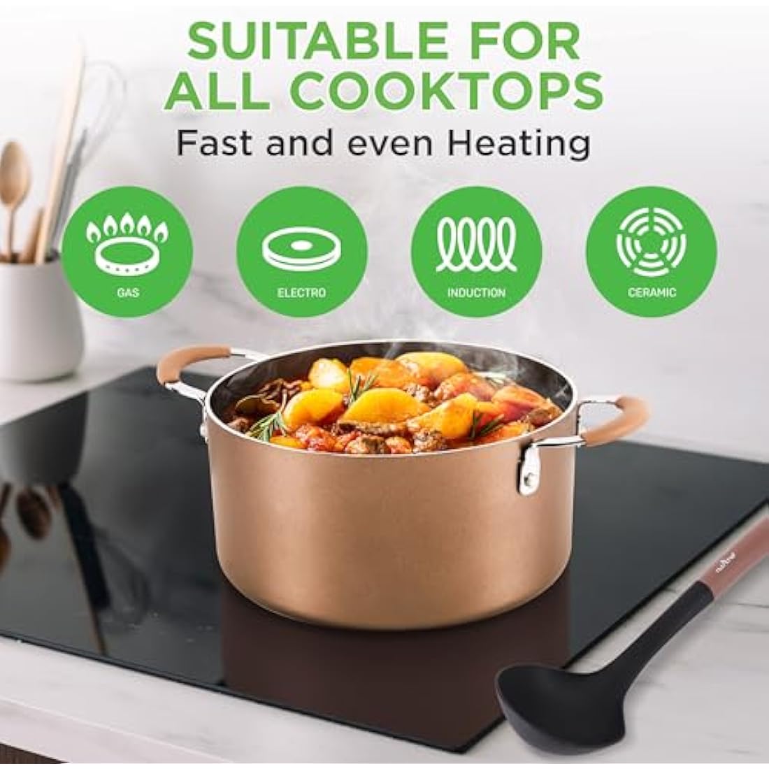 Nutrichef 20 Piece Pots and Pans Set, Bakeware and Cookware Set, Induction Hob Pots Set w/Lids, Non Stick Set, Heat Safe Silicone Handles, Saucepan, Frying Pans, Muffin Tin, Cookie Tray, Utensil-Gold