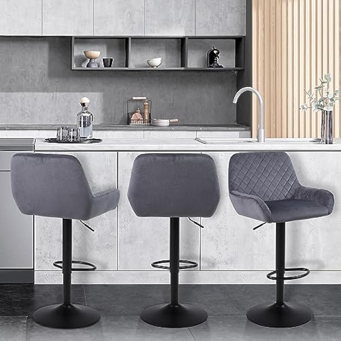 ralex-chair Bar Stools Set of 2, Height Adjustable Velvet Fabric Swivel Barstool Bar Chairs, Breakfast Dining Stools With Backrest and Armrest for Bar, Counter and Kitchen, Grey