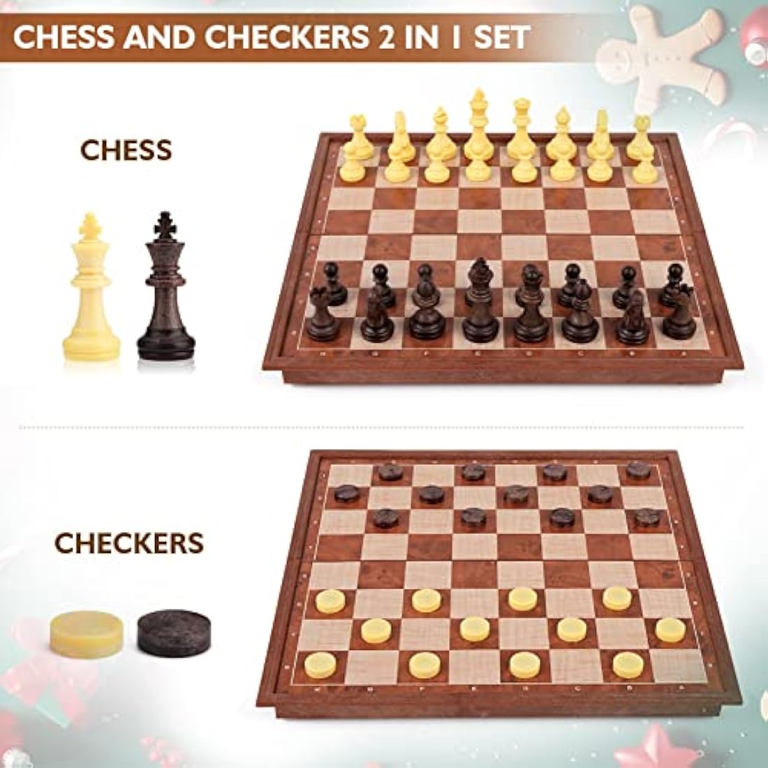 Peradix Chess Set and Draughts Board Games 2 in 1 | Magnetic Chess Checkers Board Toys | Travel Folding Board and Chess Piece for Kids and Adult (25x25cm), Brown