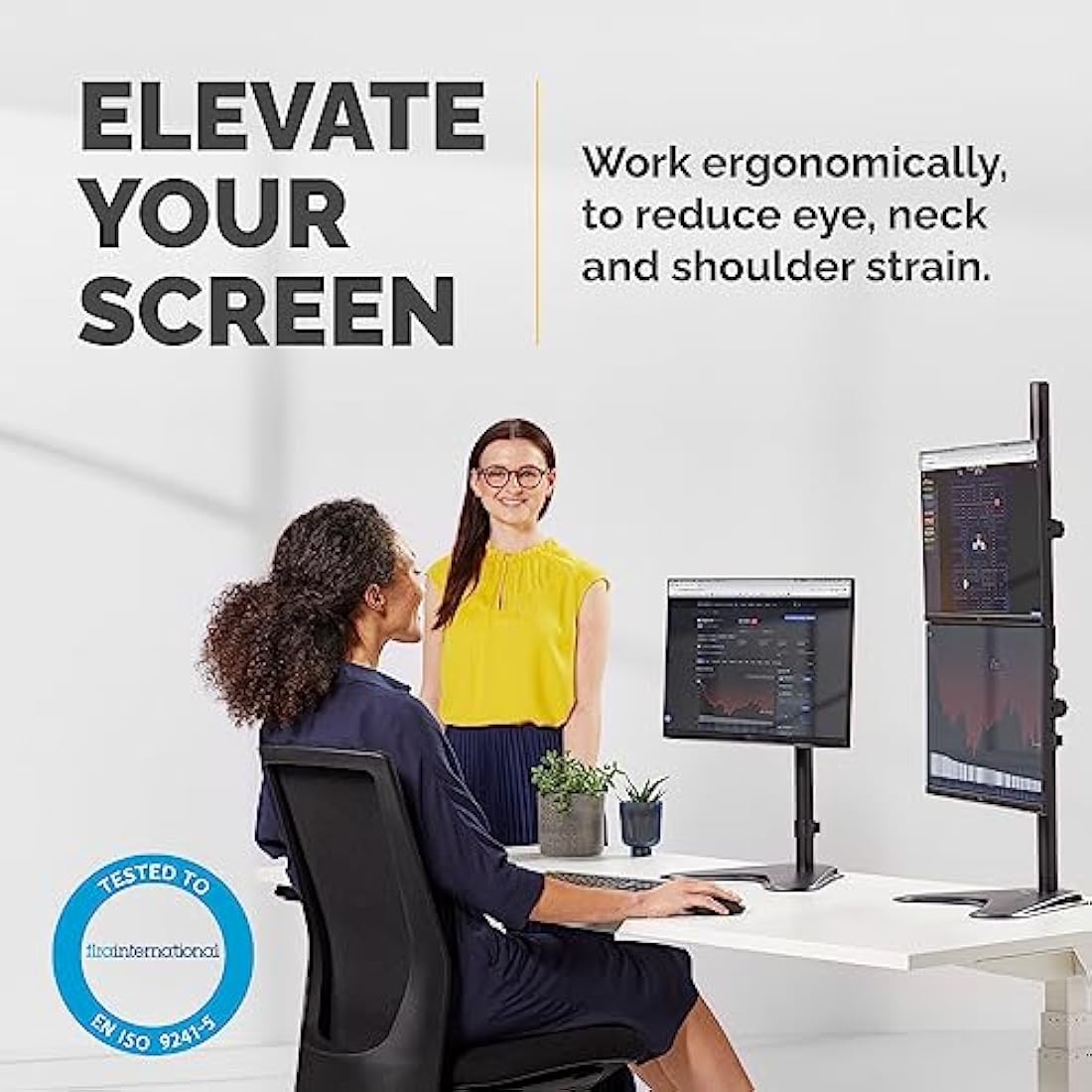 Fellowes Dual Stacking Monitor Arm - Seasa Freestanding Monitor Mount for 8KG 32 inch Screens - Ergonomic Adjustable Monitor Arm - Tilt 45° Pan 120° Rotation 360°, VESA 75 x 75/100 x 100 - Black