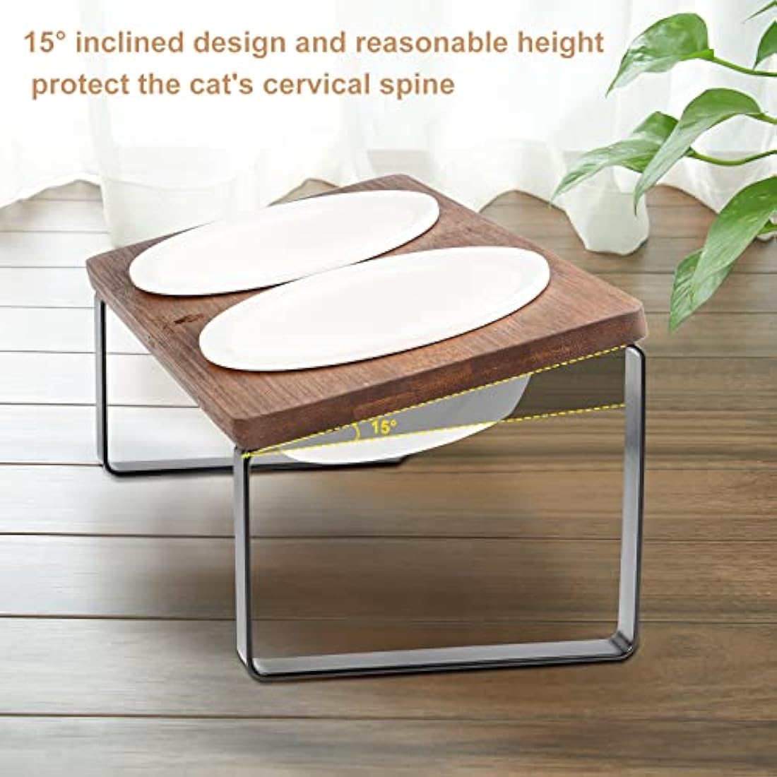 GUUSII HOME Raised Cat Food Bowl Elevated Kitty Dish 2 Ceramic Bowls Dia 14cm Bamboo Stand 15°Tilted Anti Vomiting Indoor Cats Double Dishes Feeding Station Kitten Puppy Easy to Assemble & Clean