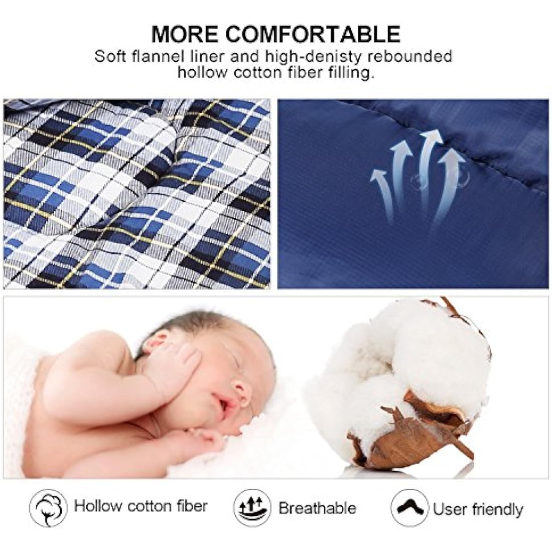 REDCAMP Cotton Flannel Sleeping Bags for Camping, 3-Season Warm and Comfortable Adult Sleeping Bag, Envelope with 2/3/4lbs Filling