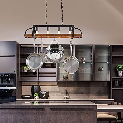 WUZUPS 4-Light Metal Pot Hanging Rack Chandelier Imitation Wood Grain Linear Pendant Ceiling Lighting Rustic Farmhouse Fixture Kitchen Island Dining Room, H25 x L88 x W30, E27 Base, Black