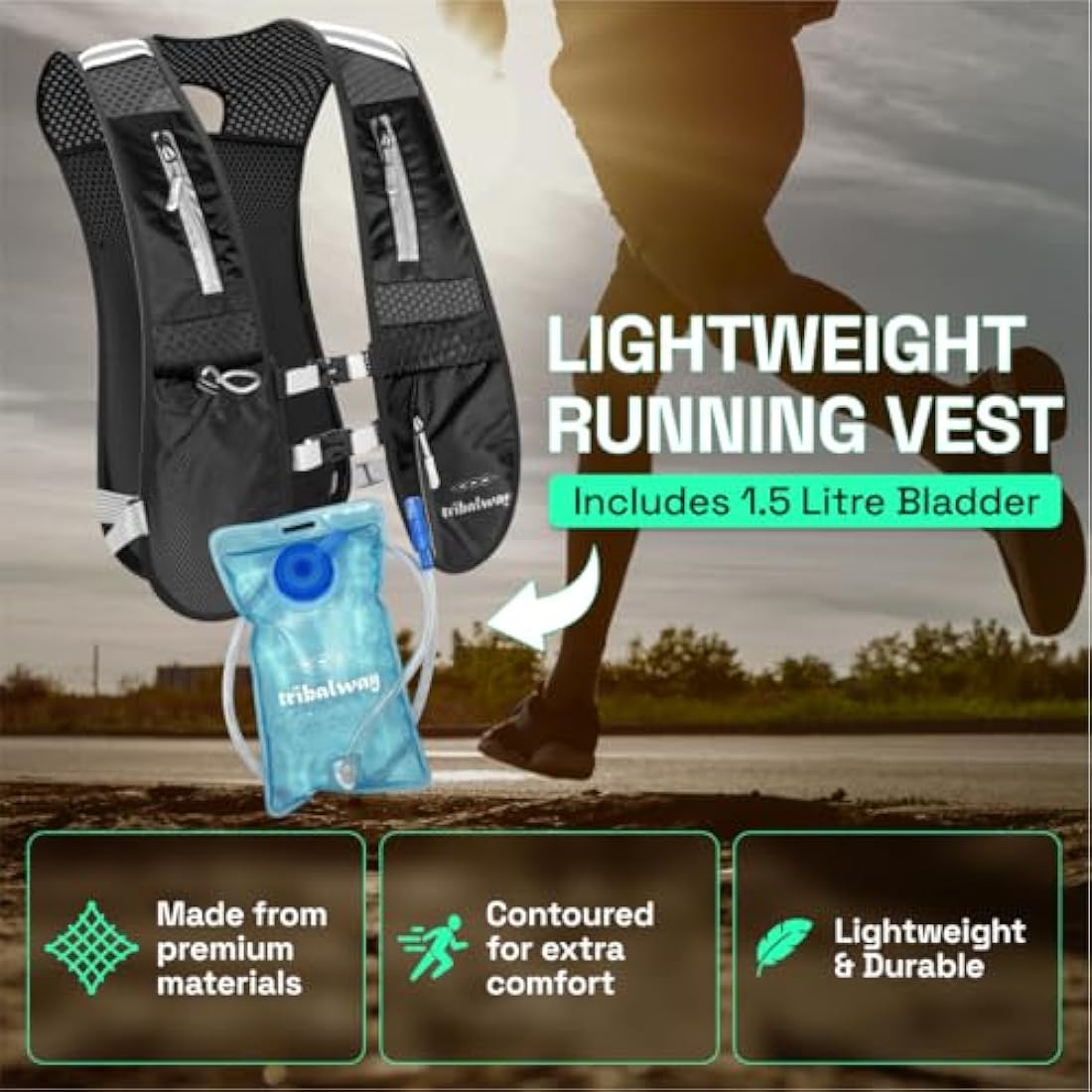 Tribalway Running Vest with Water Bladder – Hydration Vest for Men & Women, Breathable Running Backpack, Reflective Strips, Phone Holder, Water bottle Holder - Black