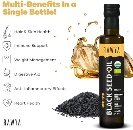 RAWYA Organic Black Seed Oil - Unfiltered - Full Spectrum- Cold Pressed - Turkish Origin - Black Cumin - Kalonji - Nigella Sativa Supplement with Omega 3, 6, 9 - Skin Condition & Hair Growth - 250 ml