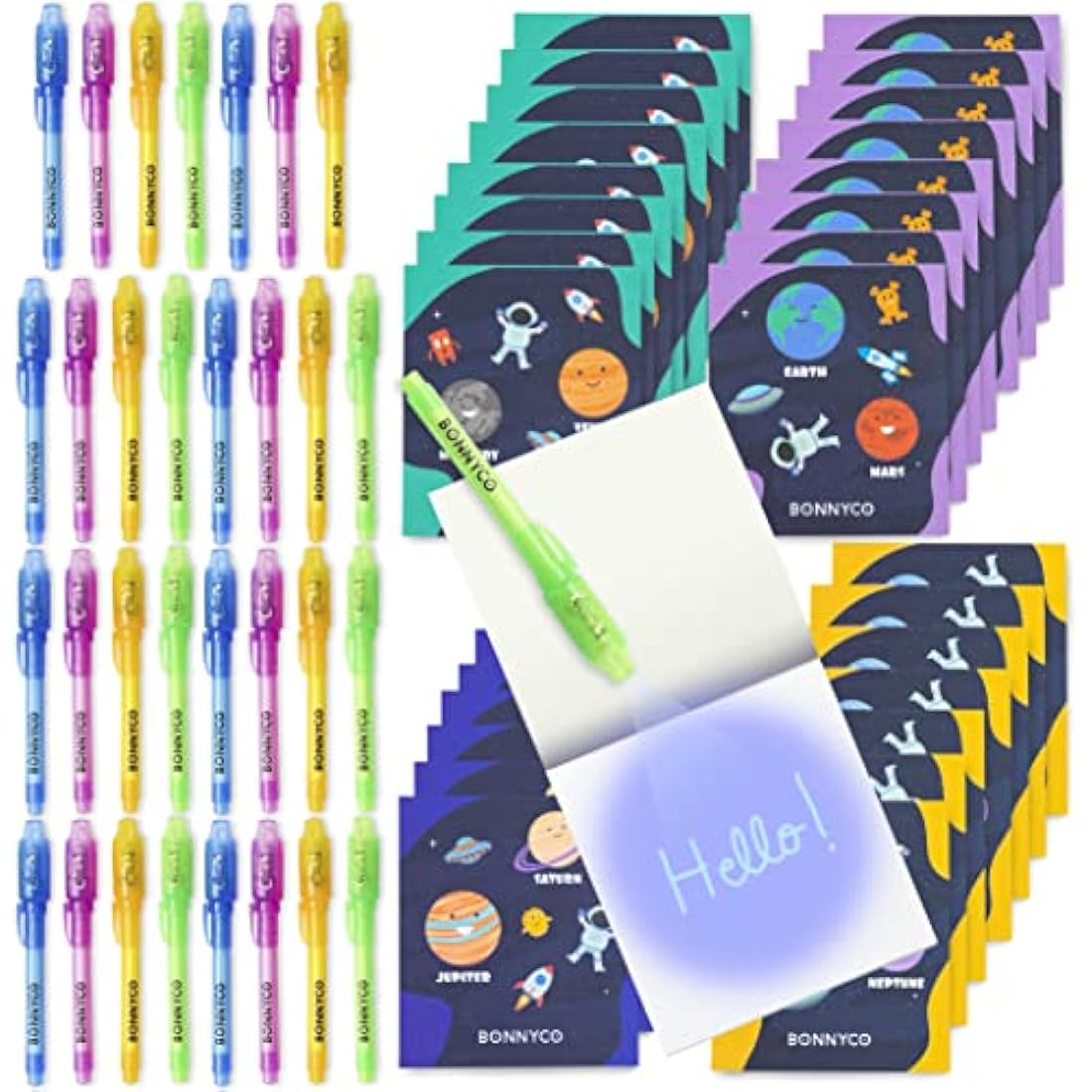 BONNYCO Invisible Ink Pen and Notebook, Pack 32 Space Party Bag Fillers for Kids, Pinata Toys | Birthday Decorations | Stocking Fillers for Kids Birthday | School Prizes, Space and Universe Gifts