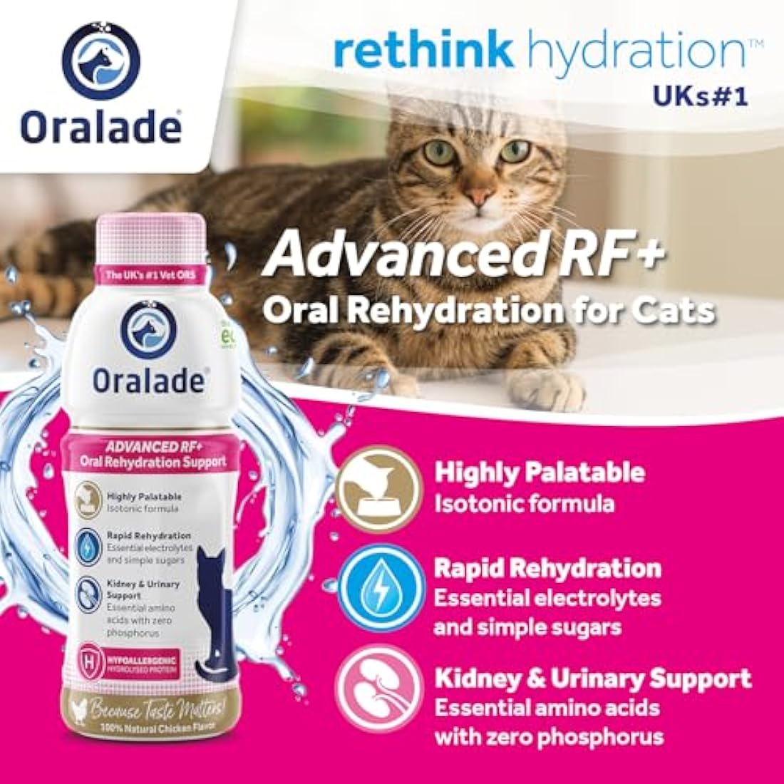Oralade - Advanced RF+, Oral Rehydration Support for Cats - Fast Acting Isotonic Formula - Kidney and Urinary Support - Natural Chicken Flavour - Highly Palatable - For all Ages - 330ml