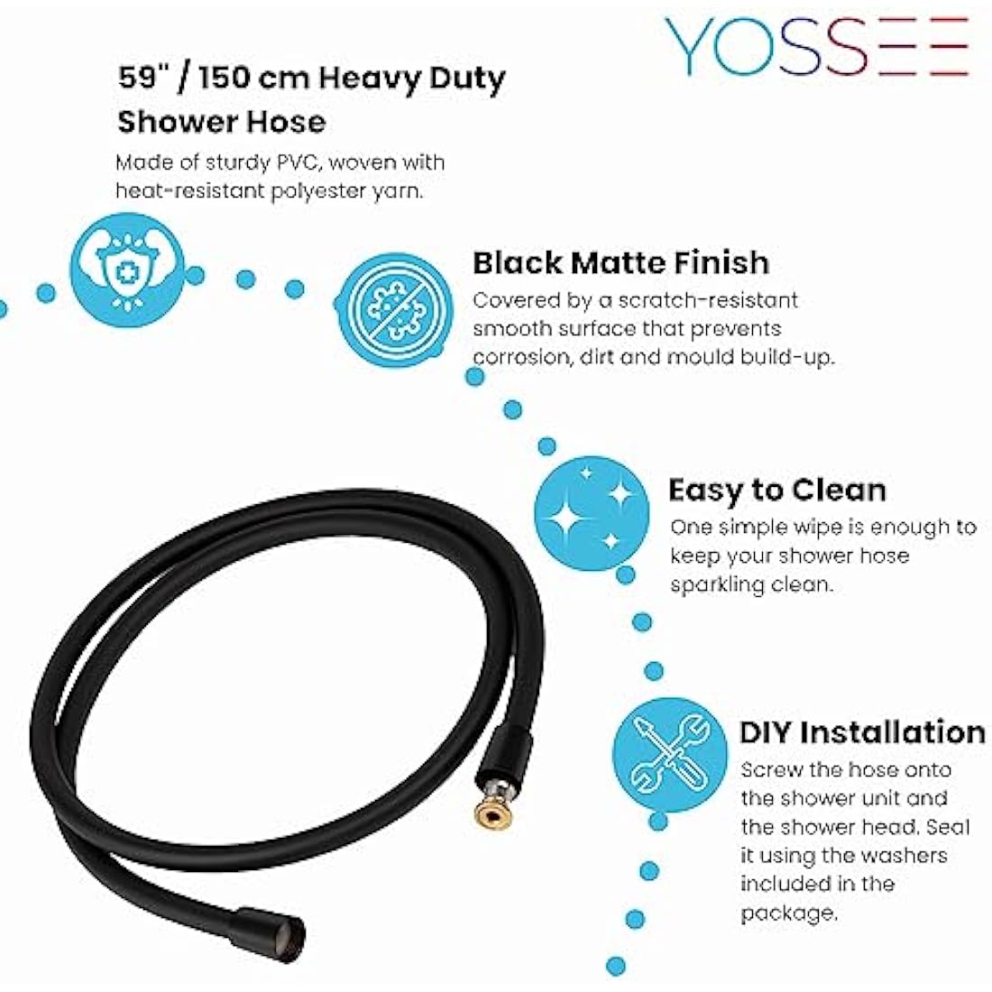 YOSSEE PVC Smooth Shower Hose 1.5M / 59 Inch with Anti-Twist Brass Connections - Universal Replacement, Flexible, Kink and Leak Proof (Black)