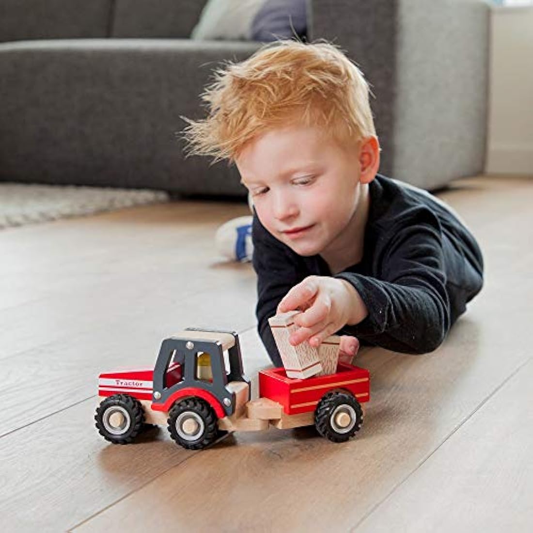 New Classic Toys Wooden Tractor with Hay Stacks for Toddlers 18+ Months Educational Toys for Preschool Age Toddlers Boys Girls, Red