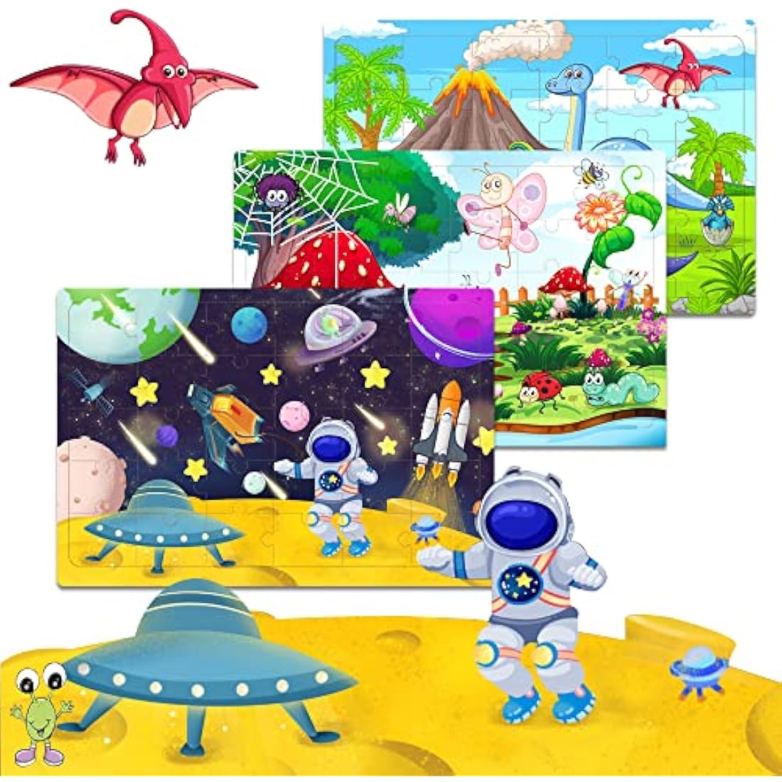 Wooden Jigsaw Puzzles for Kids 3-6 Year Olds -Space Dinosaur Animals 30 Piece Puzzle Toys -Toddler Children Learning Educational Puzzle Toys for Set for Kids 3 4 5 6 Year Old(4 Puzzles)