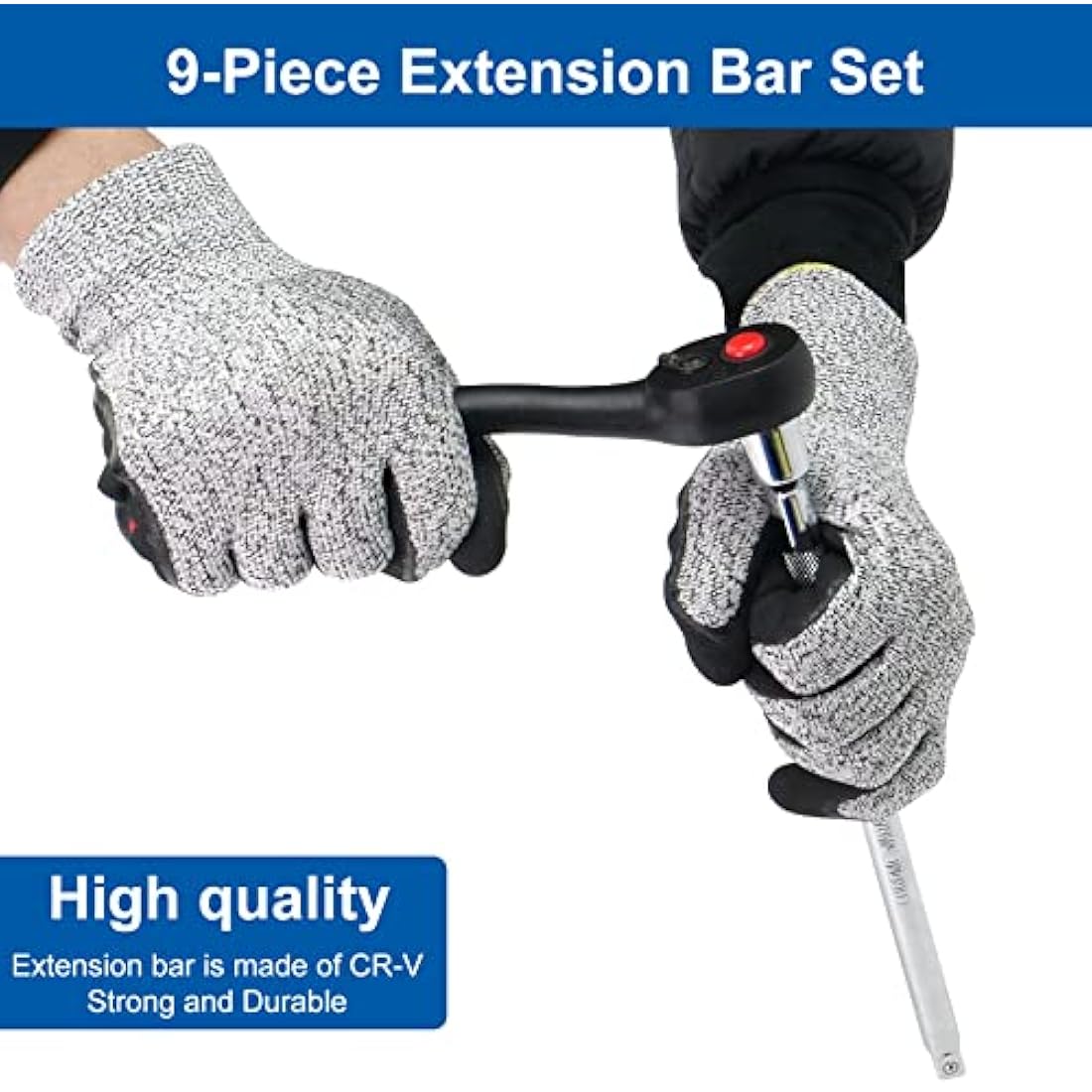 DAKCOS 9 Piece Extension Bar Set, 1/4" 3/8 "1/2" Drive Socket Extension Bar, Extensions Socket Tool, CR-V Steel