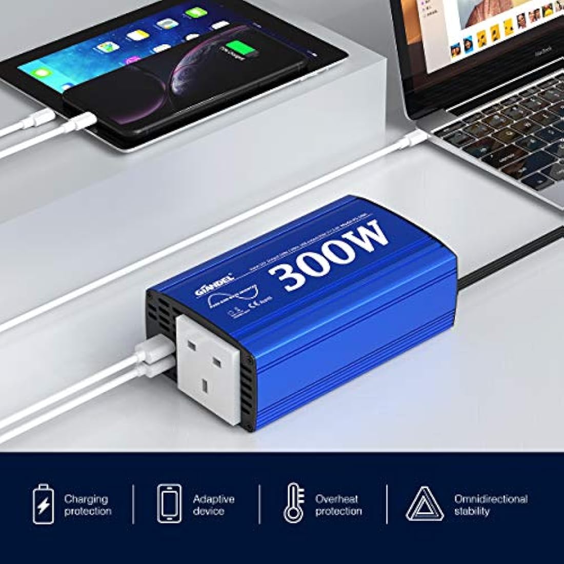 GIANDEL Pure Sine Wave Power Inverter 300Watt Car Adapter Converts 12V DC to 240V 230V AC with 4.8A Dual USB and AC Outlet for Tablets Laptops Smartphones Blue