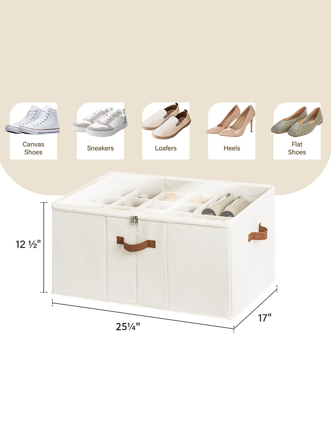 StorageWorks Shoe Organizer for Closet, Extra Large Fabric Shoe Storage Bins with Clear Cover, Adjustable Dividers for Shoe Storage, Beige, 1-Pack,