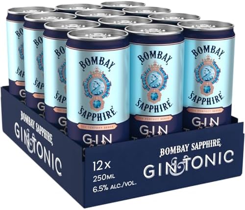 Bombay Sapphire Gin and Tonic, Ready-to-Drink Pre-mixed Cocktails, 250ml Can (12 Pack)
