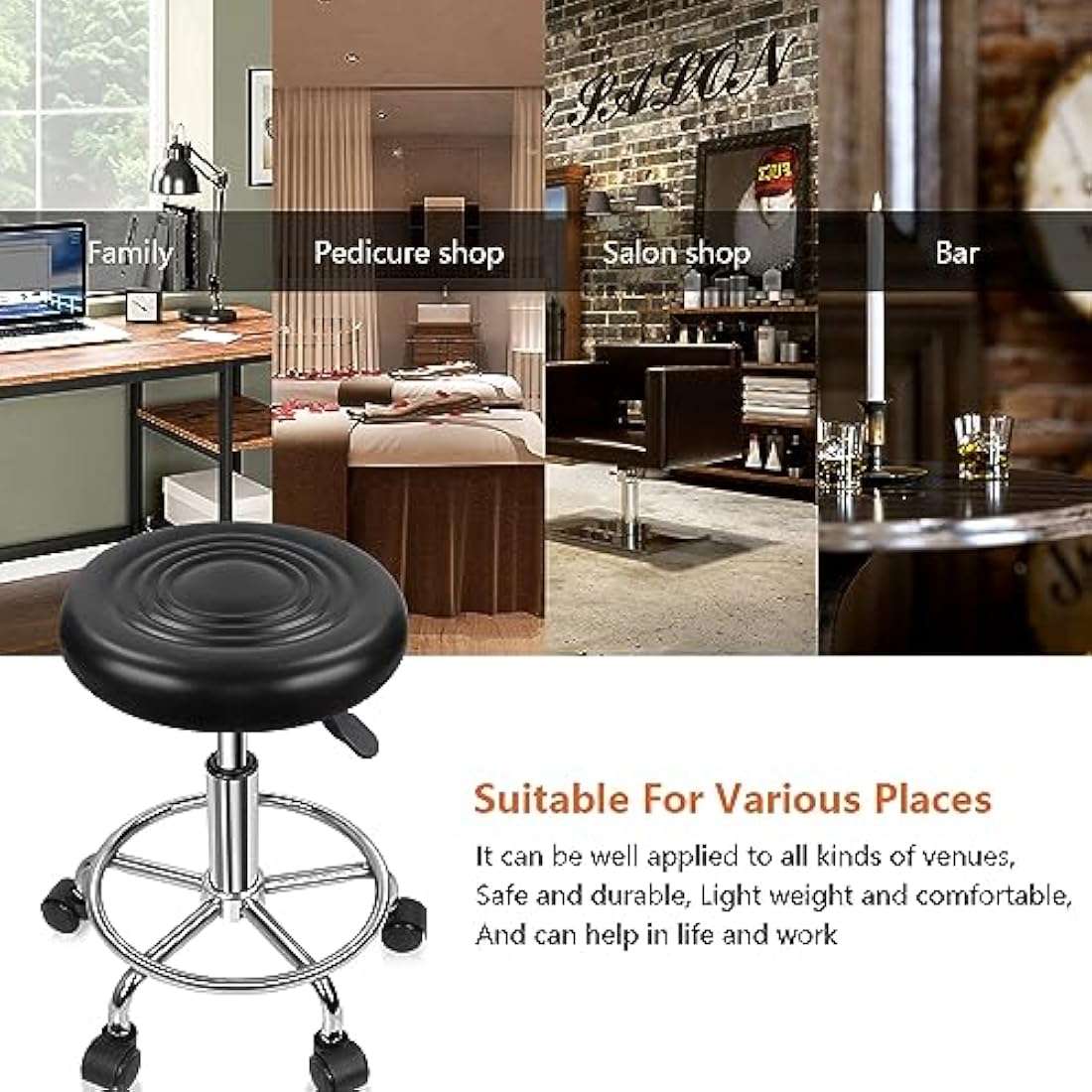 KKTONER PU Leather Round Rolling Stool with Foot Rest Swivel Height Adjustment Spa Drafting Salon Tattoo Work Office Massage Stools Task Chair (Black)