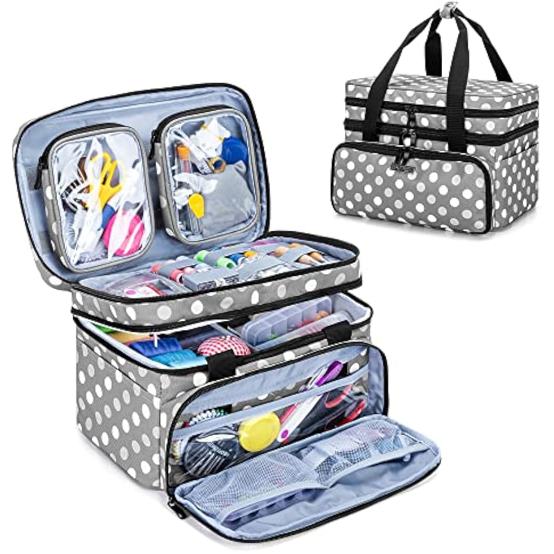 BAFASO Double Layer Sewing Accessories Organiser with 2 Detachable Pouches, Large Sewing Storage Bag for Sewing Tools, Polka Dots