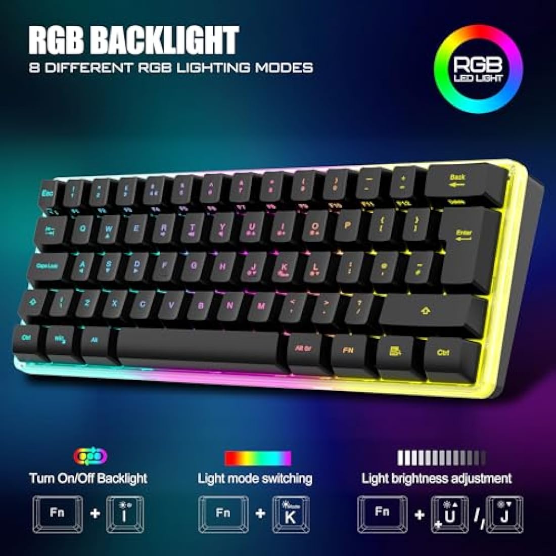 RedThunder K62 Wireless 60% RGB Gaming Keyboard and Mouse Combo, UK Layout 62 Keys Ultra Compact Backlit Mini Keyboard, Lightweight Cellular Optical Mouse, Portable Set for PC PS5 Xbox Gamers (Black)