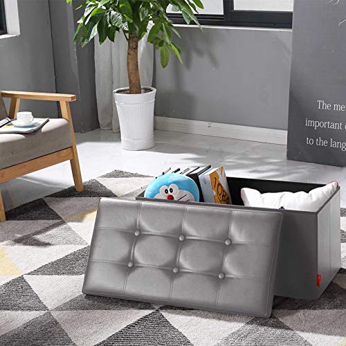 BRIAN & DANY Folding Ottoman Storage Bench with Lid, Foot Stool Faux Leather Large Storage boxes with Lid, Gray, 76 x 38 x 38 cm