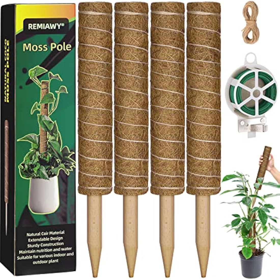 Moss Pole 56 Inch 142cm, 4 Pcs Moss Pole for Monstera, 45cm Coir Totem Pole Moss Stick for Climbing Plants Indoor Monstera Support Extension, Train Potted Creepers to Grow Upwards, 65 Feet Twist Tie