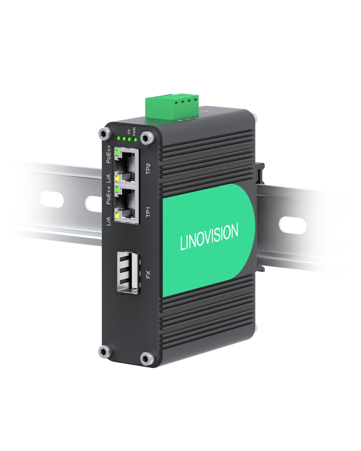 LINOVISION Industrial 2 Ports gigabit BT90W PoE++ Switch with Fiber SFP uplink, IEEE802.3af/at/bt Mini PoE Switch, IP40, Compact PoE Injector for PTZ