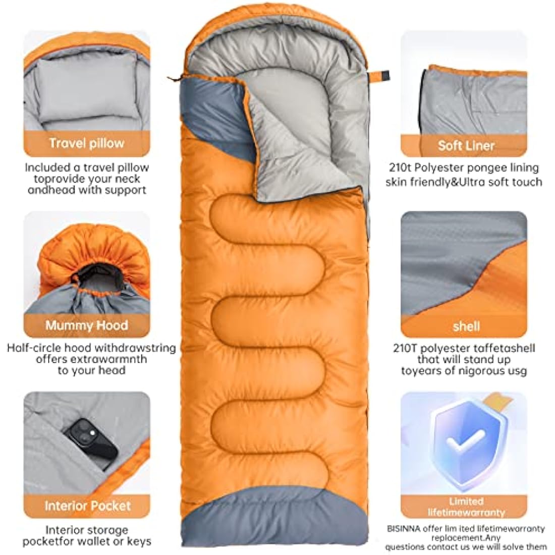 BISINNA Sleeping Bag with Pillow - 4 Season Lightweight Waterproof Warm Sleeping Bag with a compression sack for Adults, Women, Men's Outdoors Camping, Hiking, Backpacking