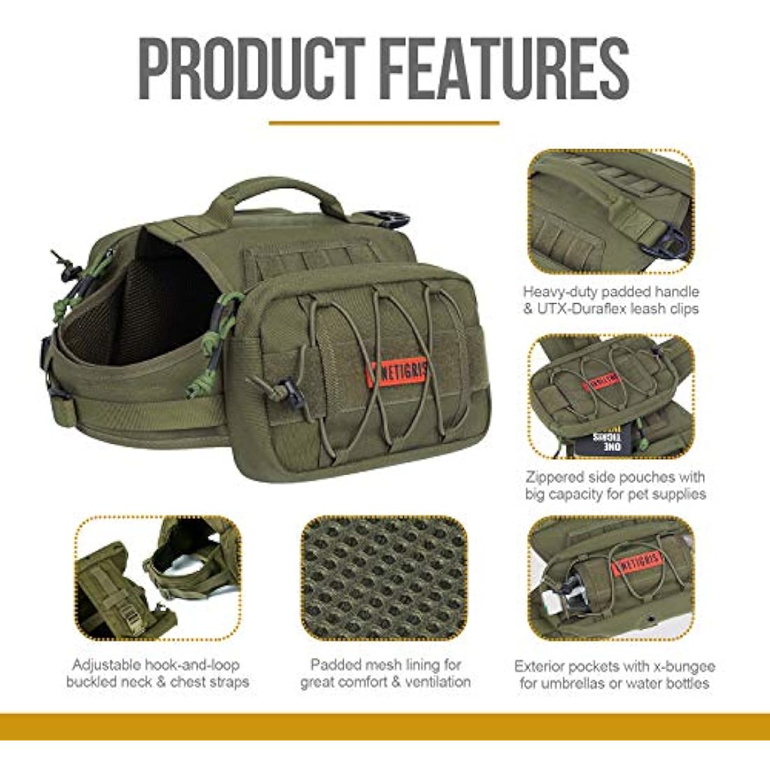 OneTigris Dog Pack Hound Travel Camping Hiking Backpack Saddle Bag Rucksack for Medium & Large Dog (Ranger Green)