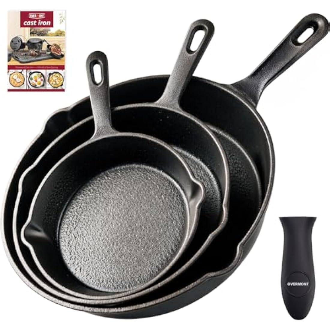 OVERMONT Pre-Seasoned Cast Iron Skillet Set–(9.6Inch-24.5cm) (7.7Inch-19.5cm) (6Inch-15.24cm) Frying Pans Oven Pot Safe Cookware for Indoor, Barbecue, Campfire Cooking Outdoor Use