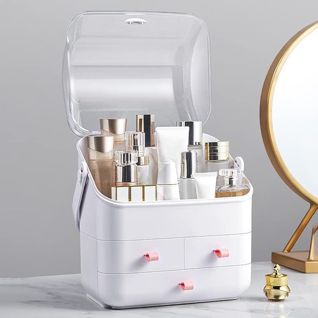 LINFIDITE Cosmetic Storage Box with Lid Makeup Organizer Box with Dust Free Cover Portable Handle,Large Makeup Display Case with Drawers Fully Open Lid,Great for Bathroom Countertop Bedroom Dresser