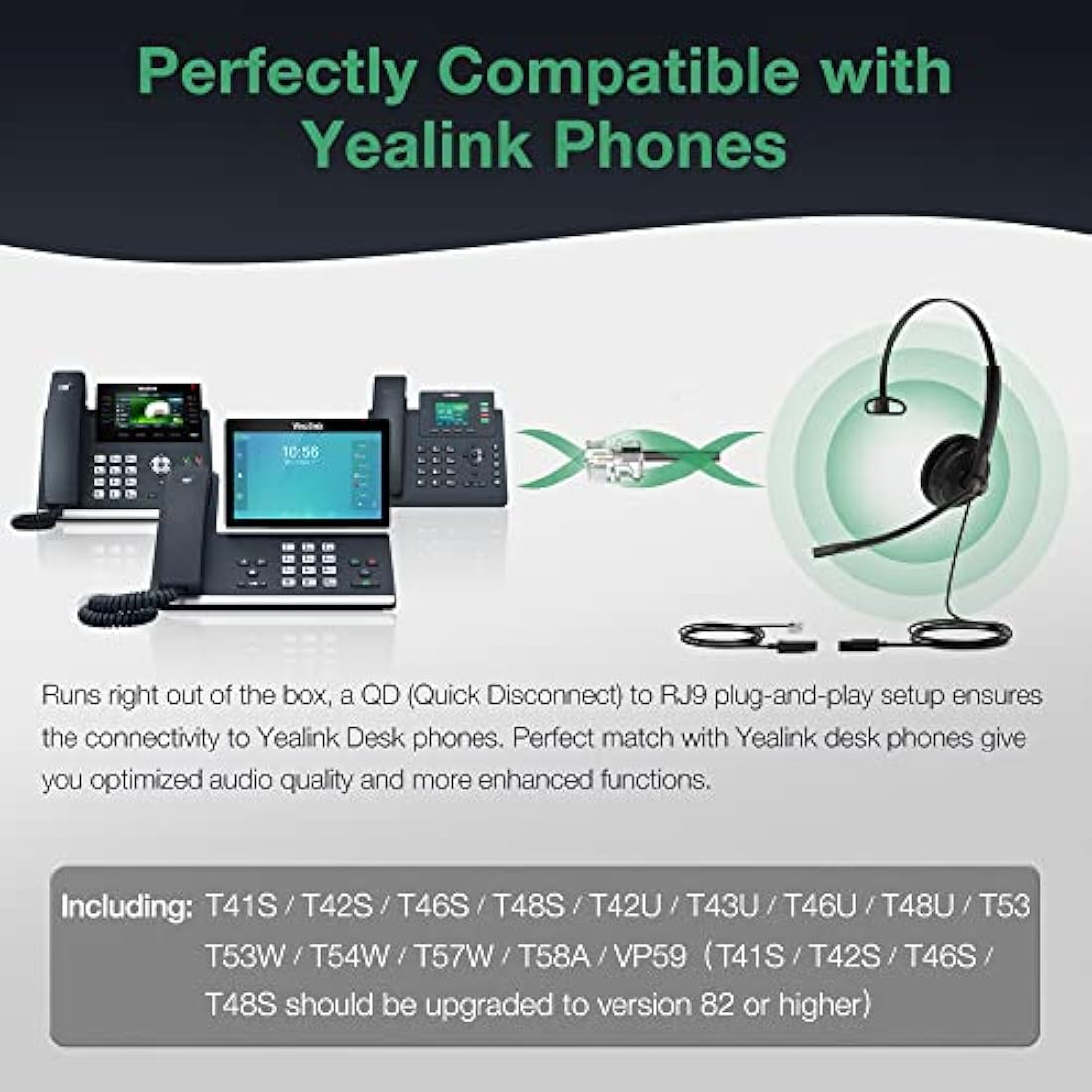 Yealink Phone Headsets for Office Phones YHS34 Lite QD to RJ9 Wired Headset Compatible with Poly Avaya Snom Grandstream Phones Desk Landline Headset with Microphone -Mono/72g/2.1m Cable