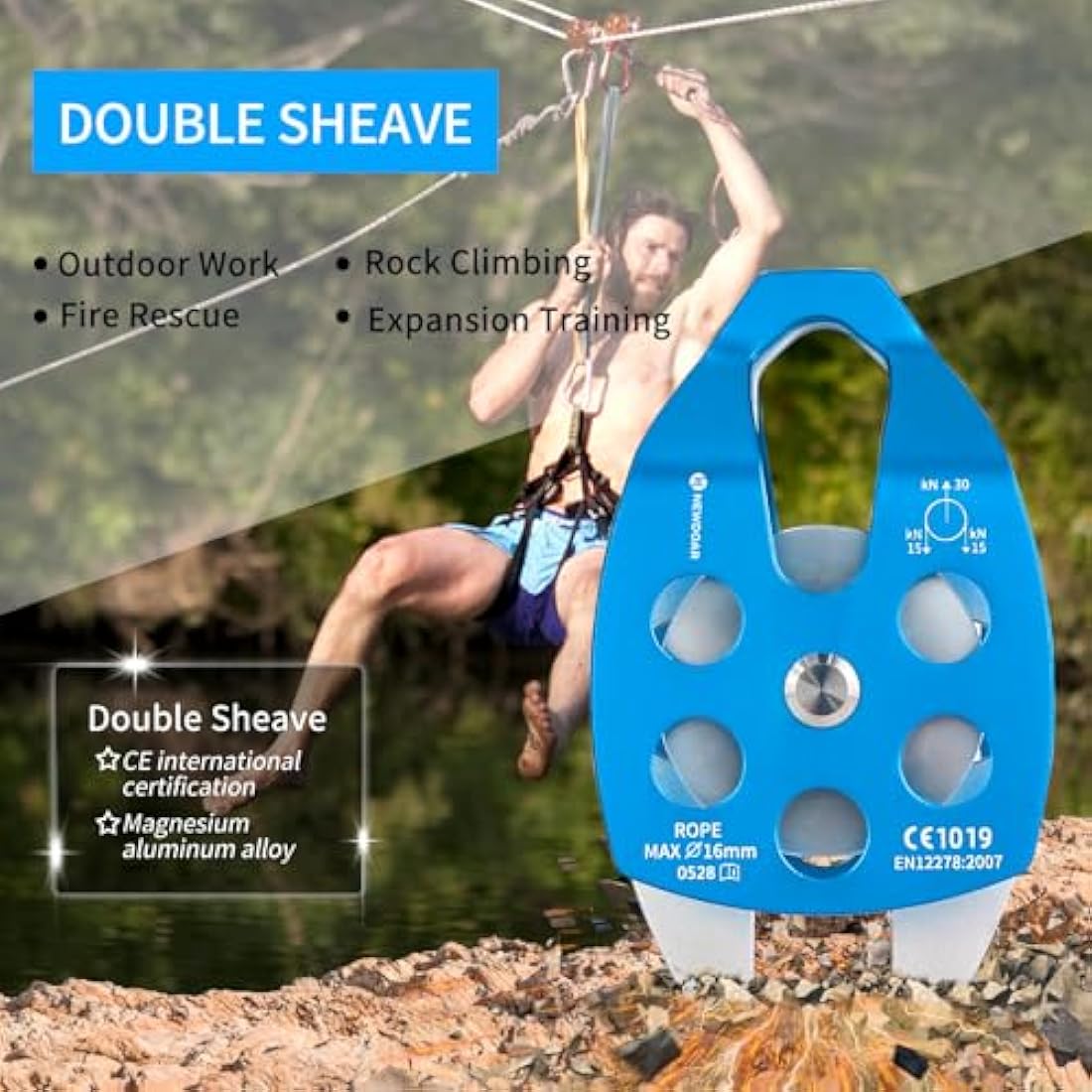 NewDoar 30KN Single/Double Pulley CE Certified Large Rescue Pulley for Diameter Max 16mm Rope Single/Double Sheave with Swing Plate for Rescue Hauling Arborist Tree Climbing