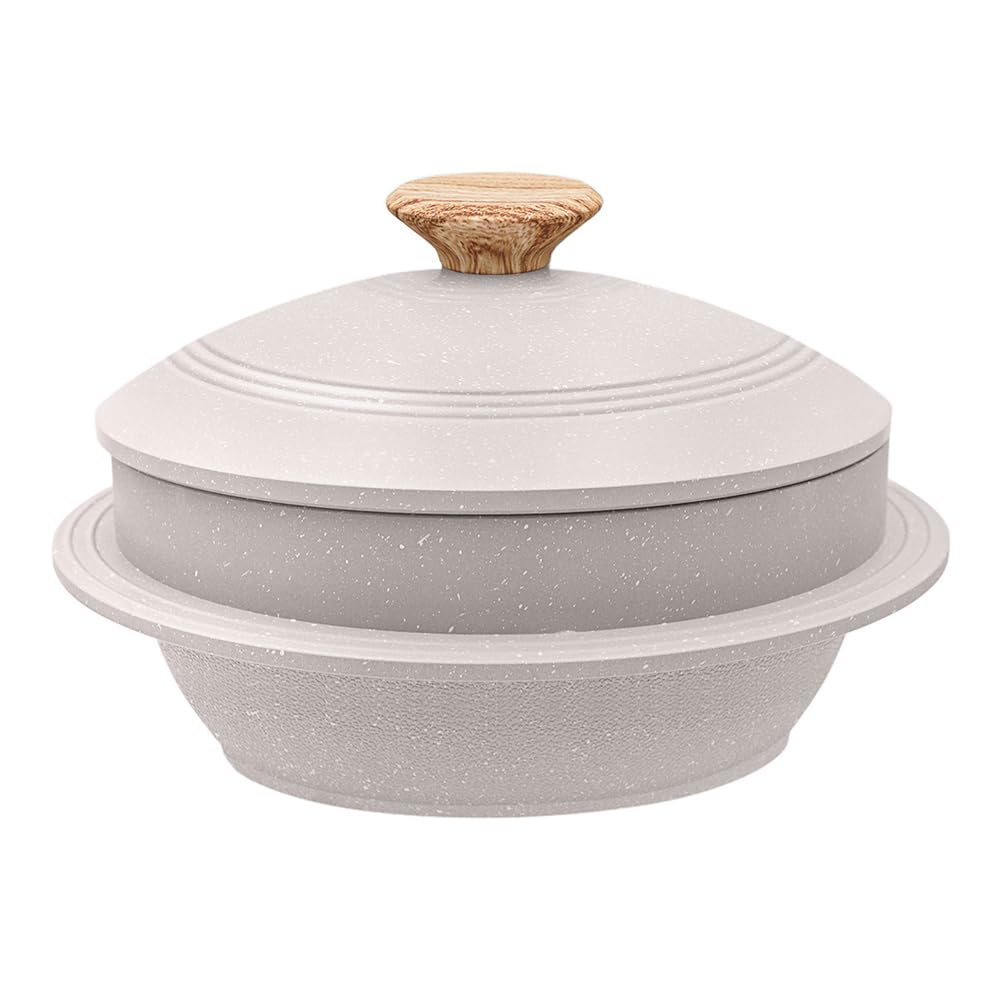 Bobikuke Cast Aluminum Pot with Lid, 24 cm Non-Stick Casserole Dish Korean Stone Bowl Induction Compatible, White