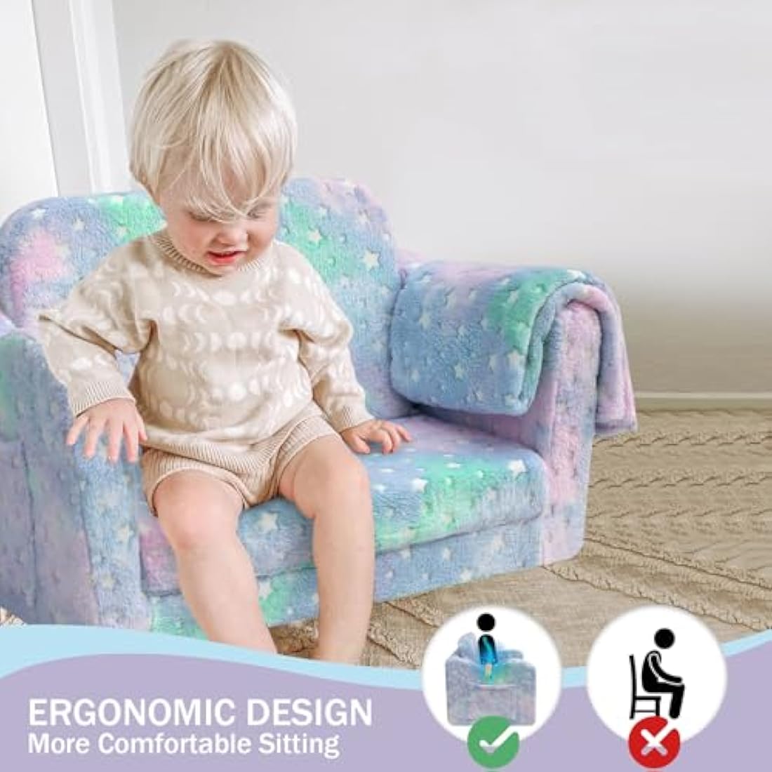 MeMoreCool Kids Couch, Folding Kids Sofa Bed, Toddler Convertible Sofa Chair to Lounger Pull Out Couch for Playroom, Glow In The Dark