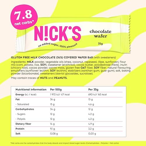 NICKS Chocolate Wafer Bars, Low Carb Biscuits Candy Snack Bar, 165 Calories, No Added Sugar Gluten Free Sweets (Multipack 24x35g)