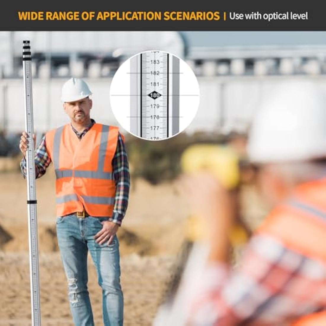 Firecore Levelling Staff, Telescopic Levelling Staff 5m, Aluminium Measuring rods for Cross line Lasers and Rotating Lasers, Measuring Staff with Spirit Bubble, 5m Length in 5 Segments, mm/dm Scale