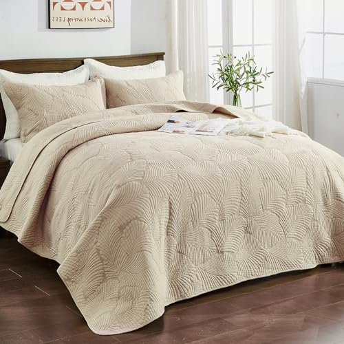 Qucover Quilted Bedspreads Soft and Comfortable Cotton Bedspread Super King Size with Elegant Embroidered Palm Leaf Pattern, 3 Pieces Bedspreads