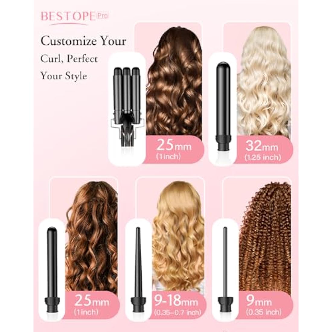 BESTOPE PRO 5 in 1 Beach Waver Hair Curler, Curling Iron (9-32mm) with 2 Temperature Control, Mermaid Hair Waver with Heat-Resistant Glove and 2 Clips for Long Medium Short Hair