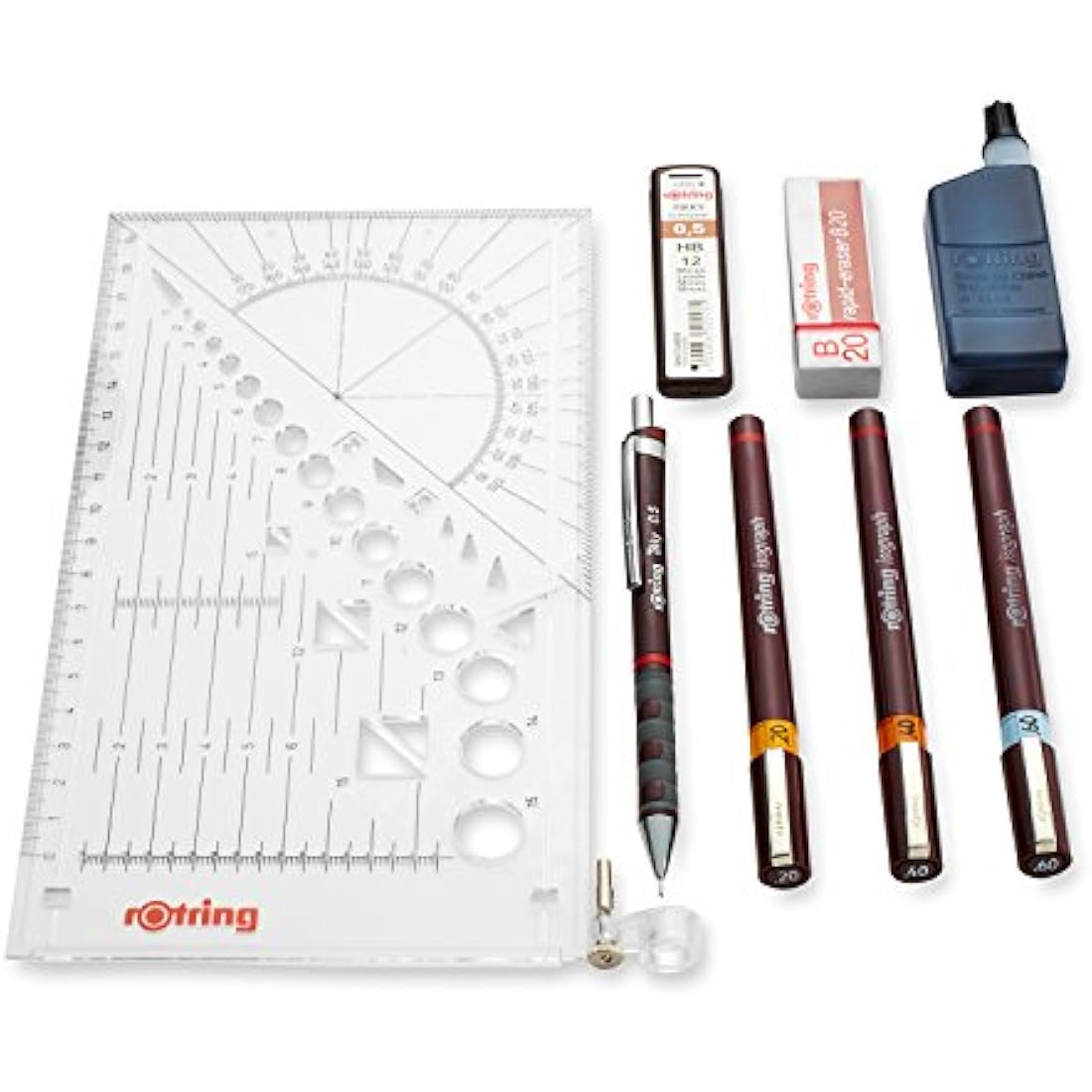 rOtring Isograph Fineliner Pen & Pencil College Set | 3 Technical Pens (0.20mm, 0.40mm, 0.60mm) and Mechanical Pencil (0.5mm) + Accessories