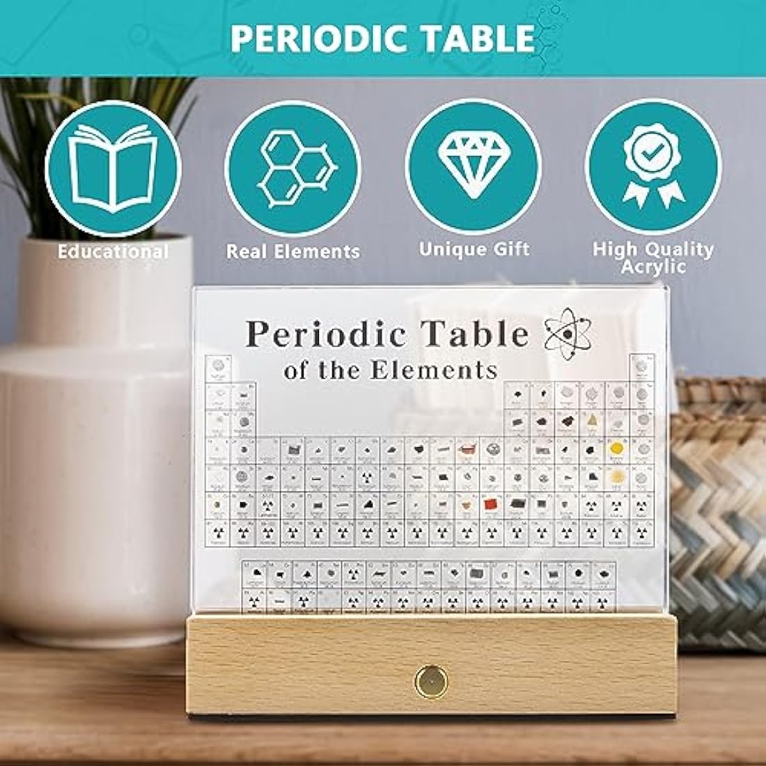MegaBox Periodic Table With 83 Kinds Of Real Elements With Wooden Stand, Perfect Science Teacher Gift (Regular 6.0 X 4.5 in)