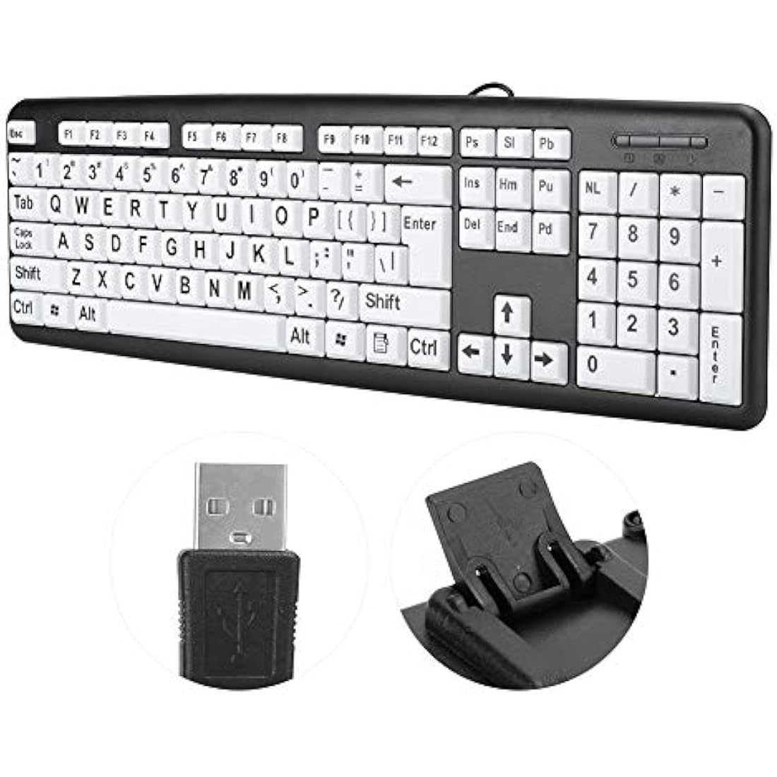 Large Print USB Wired Computer Keyboard (White Large Print Keys) Great for Visually Impaired Individuals - Senior Citizens in Low and Dim Lighted Areas(Black)