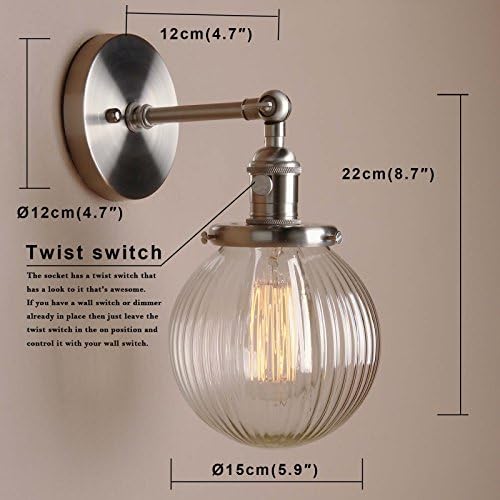 PathsOn 15cm Industrial Modern Vintage Retro Wall Lights, Loft Bar Kitchen Sconce Lights Lamp Fixture with Ribbed Globe Clear Glass Light Shade(Brushed)