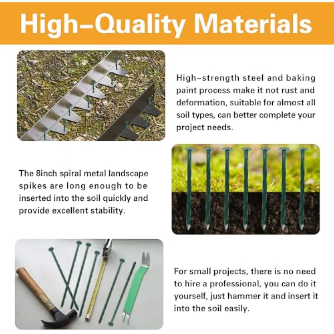 Bakulyor 100 Pack Metal Landscape Stakes, 8 Inch Artificial Grass Spikes, 6 Gauge Large Landscaping Staples, Green Edging Anchor Stake for Garden Ground Grass Lawn Paver Timber Border Weed Barrier 8"