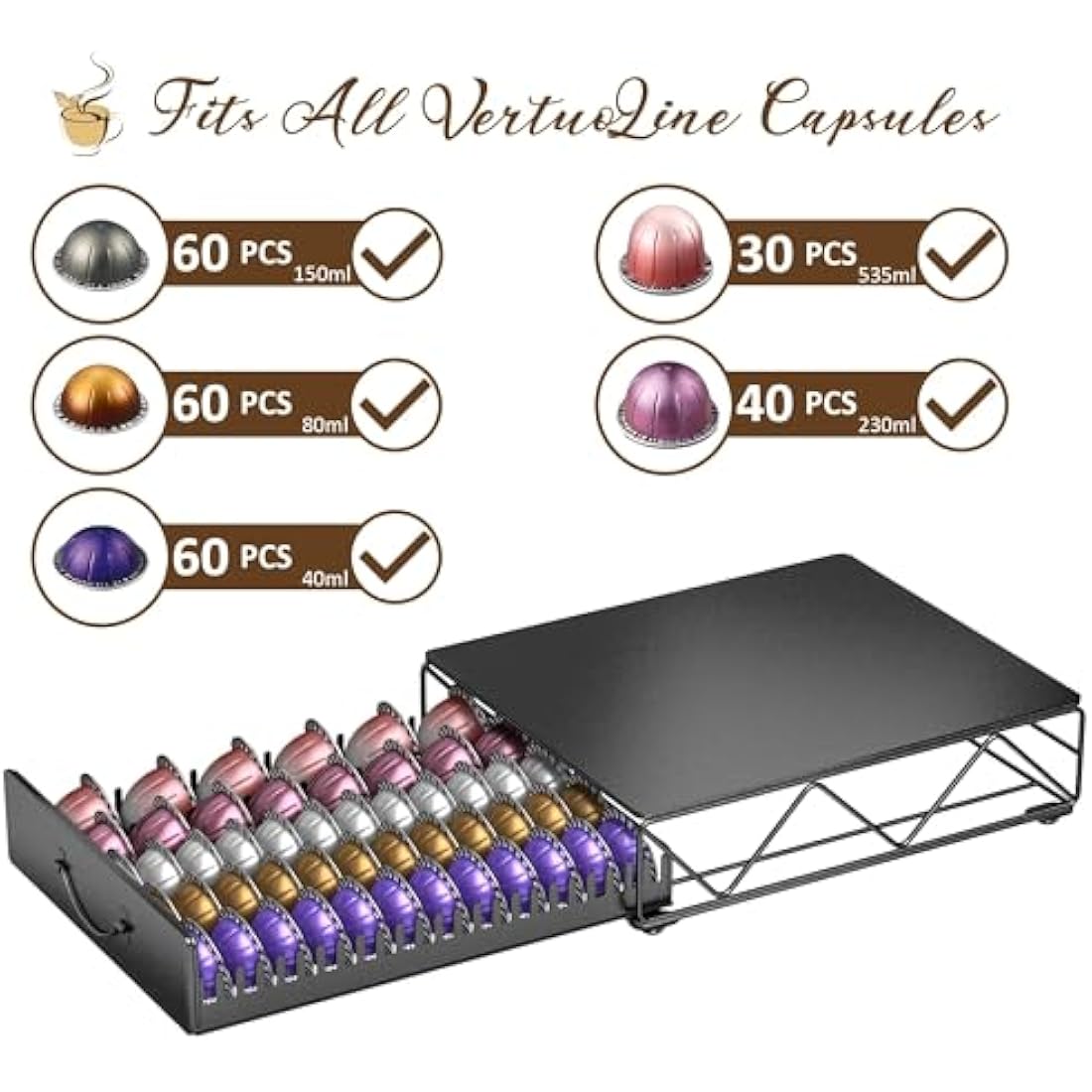 Multifunctional Metal Vertuoline Coffee Pod Holder for 60 Small or 40 Large Vertuo Capsules Pods & 40 Dolce Gusto Pods,Nespresso Vertuoline Capsule Drawer Organizer Coffee Machine Stand